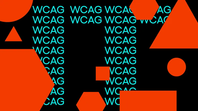 Ilustracja z wielokrotnie powtórzonym napisem "WCAG" w siatce, częściowo zasłoniętym czerwonymi kształtami geometrycznymi: trójkątami, kołami i sześciokątami.