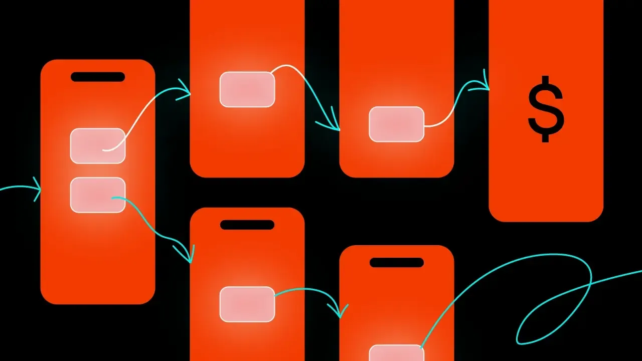 A flow diagram of phone screens connected by arrows leading to a dollar sign, symbolising a banking app's user journey towards revenue.