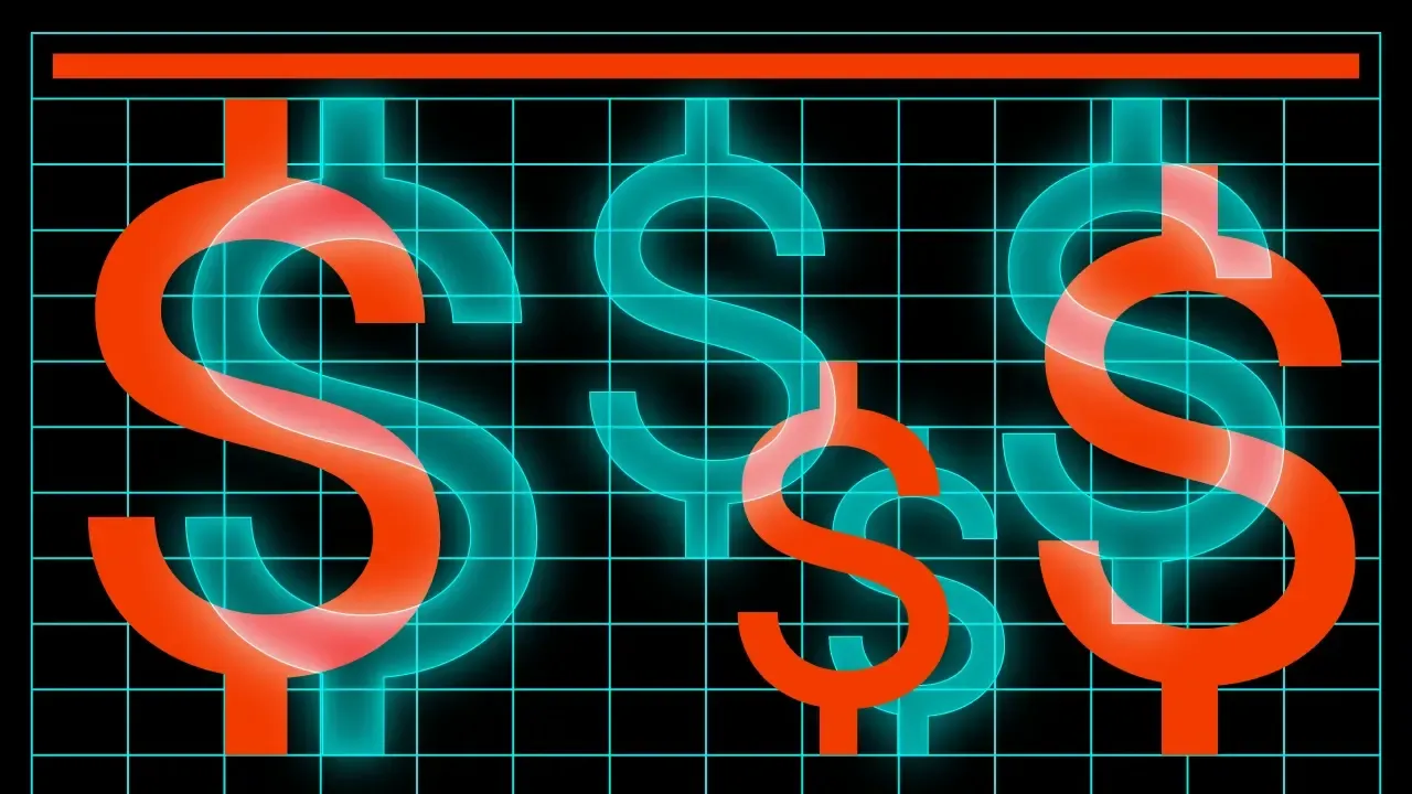 Three glowing dollar signs over a grid resembling a financial chart, in teal and orange.