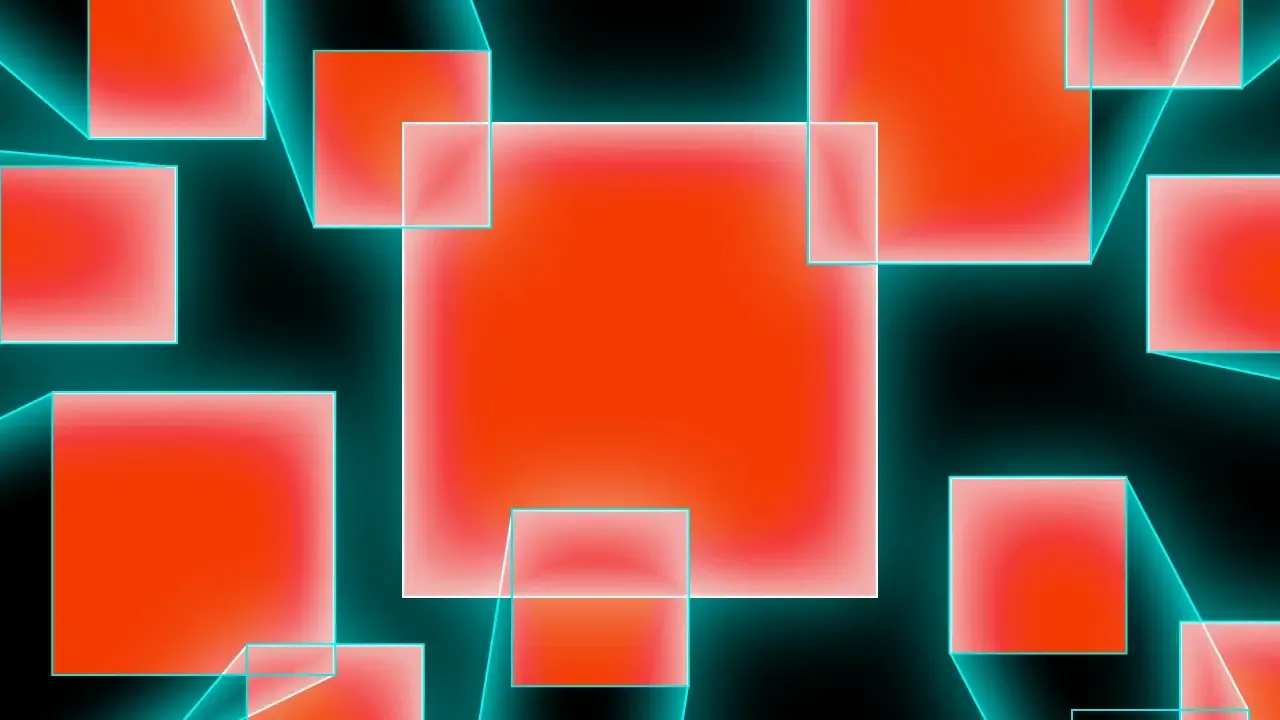 Abstract illustration of glowing orange squares with teal edges on a black background.
