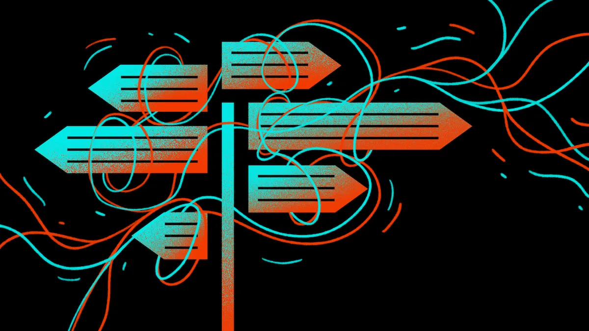 Illustration of a signpost with several arrows pointing in different directions, teal and orange gradient, tangled wires in the background.