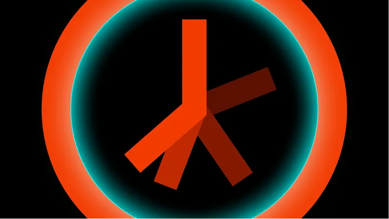Icon of a vertical line branching into three diagonal arms inside a glowing teal ring, on black.