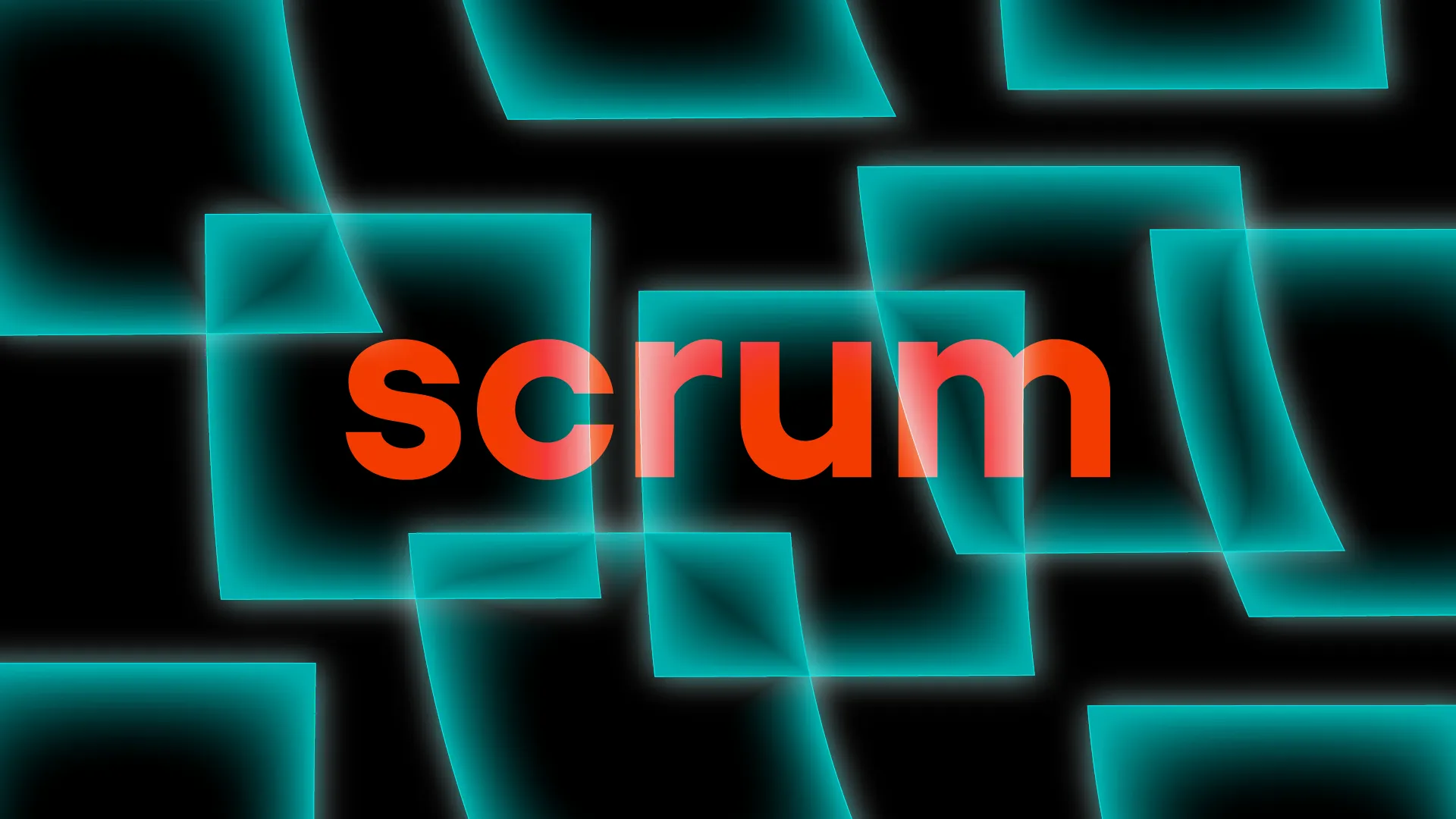 Napis "scrum" na czarnym tle, otoczony świecącymi turkusowymi obrysami przesuniętych kwadratów.