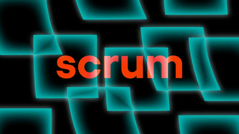 Napis "scrum" na czarnym tle, otoczony świecącymi turkusowymi obrysami przesuniętych kwadratów.