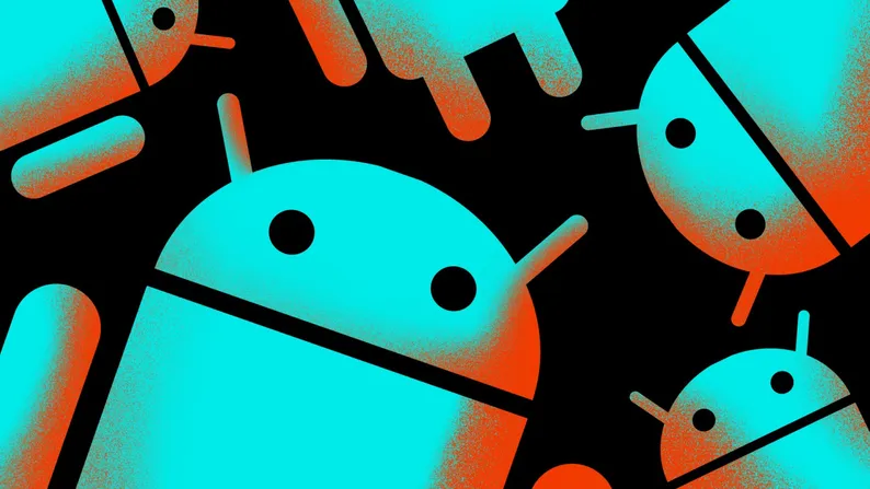 Kilka maskotek Androida w turkusowo-pomarańczowej kolorystyce z ziarnistą fakturą na czarnym tle.