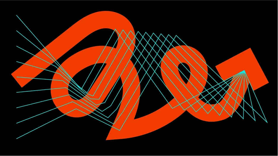 Abstract graphic of a looping orange ribbon crossed by a web of thin lines, on black.