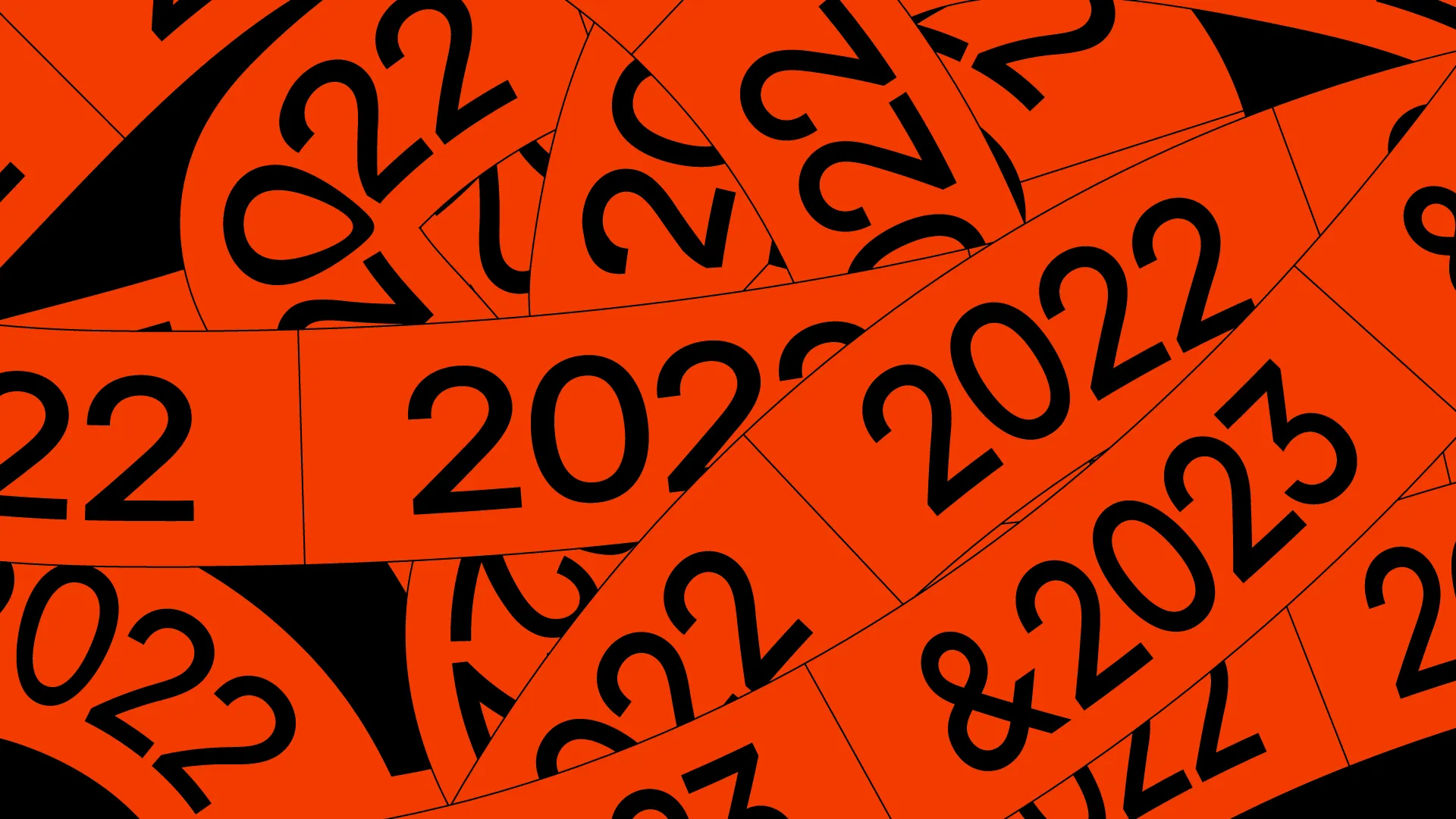Illustration of overlapping orange ribbon labels reading "2022" and "& 2023" repeated across a black background.