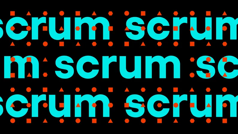 Wielokrotnie powtórzony napis "scrum" w turkusowym kroju, otoczony drobnymi pomarańczowymi symbolami na czarnym tle.
