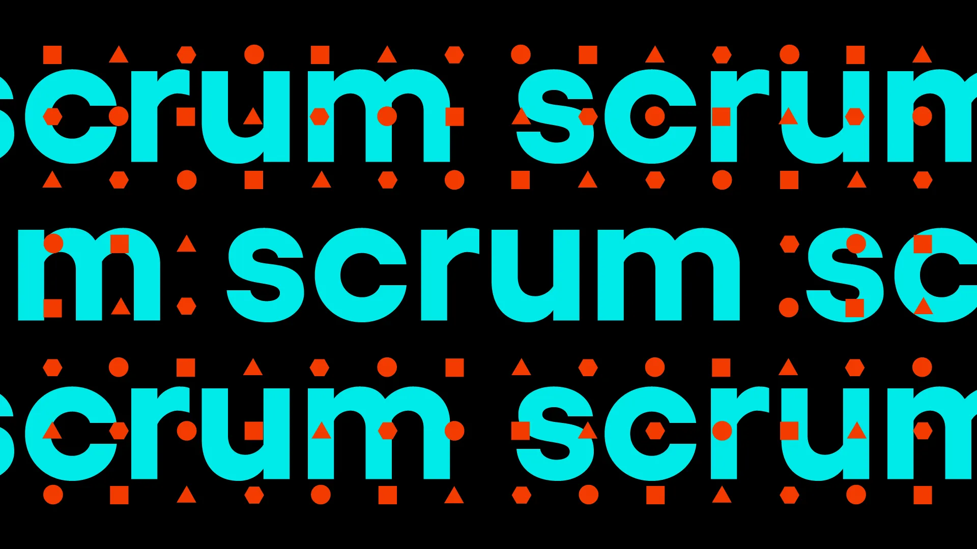 Wielokrotnie powtórzony napis "scrum" w turkusowym kroju, otoczony drobnymi pomarańczowymi symbolami na czarnym tle.