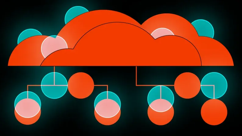 Cloud icon connected by lines to a branching diagram of teal and orange circles, like an organisation chart.