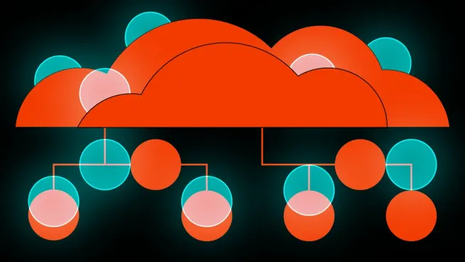 Cloud icon connected by lines to a branching diagram of teal and orange circles, like an organisation chart.