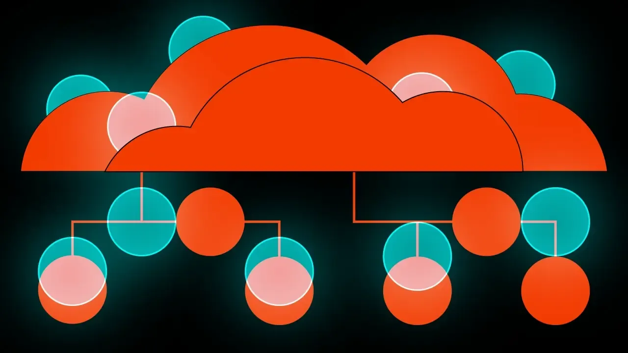 Cloud icon connected by lines to a branching diagram of teal and orange circles, like an organisation chart.