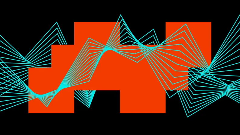 Abstrakcyjna ilustracja z turkusowymi liniami zygzakowatymi tworzącymi falisty wzór na tle pomarańczowych bloków ułożonych w kształt litery "A".