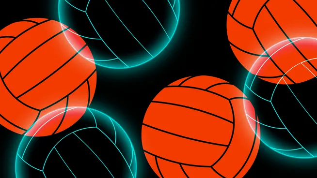 Ilustracja pomarańczowych piłek do siatkówki rozmieszczonych na czarnym tle.