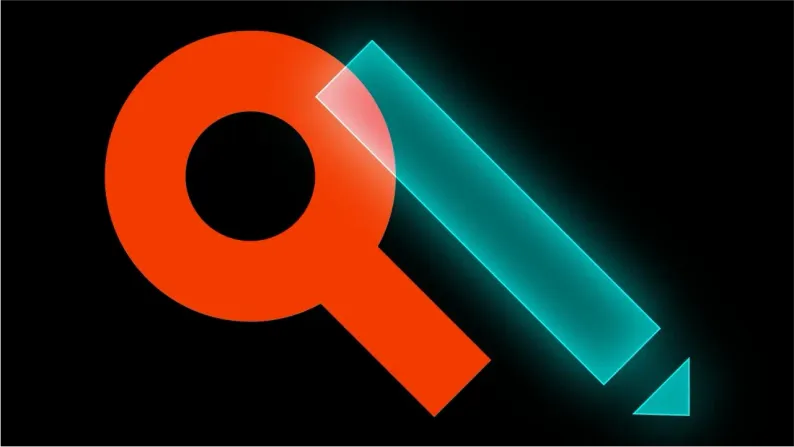 Orange magnifying glass merged with a teal key shape, symbolizing the search and discovery process in product development.