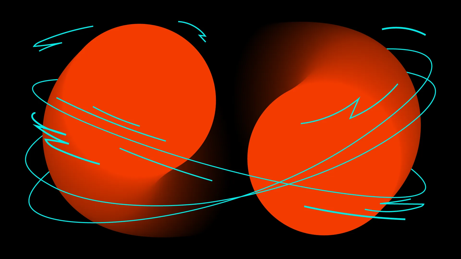 Abstract graphic of two glowing orange spheres wrapped in swirling teal lines on black.