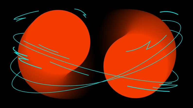 Abstract graphic of two glowing orange spheres wrapped in swirling teal lines on black.