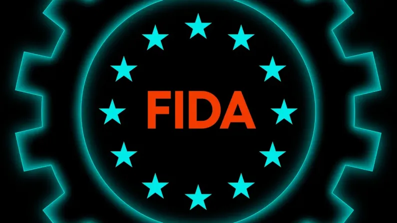 Stylised gear outline glowing teal, with an EU ring of stars and the word "FIDA" in orange at the centre.