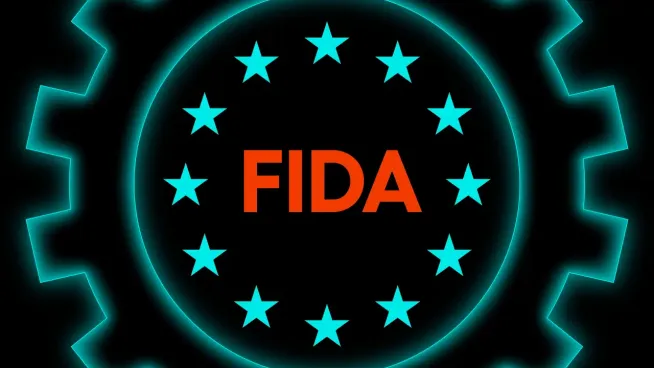 Stylised gear outline glowing teal, with an EU ring of stars and the word "FIDA" in orange at the centre.