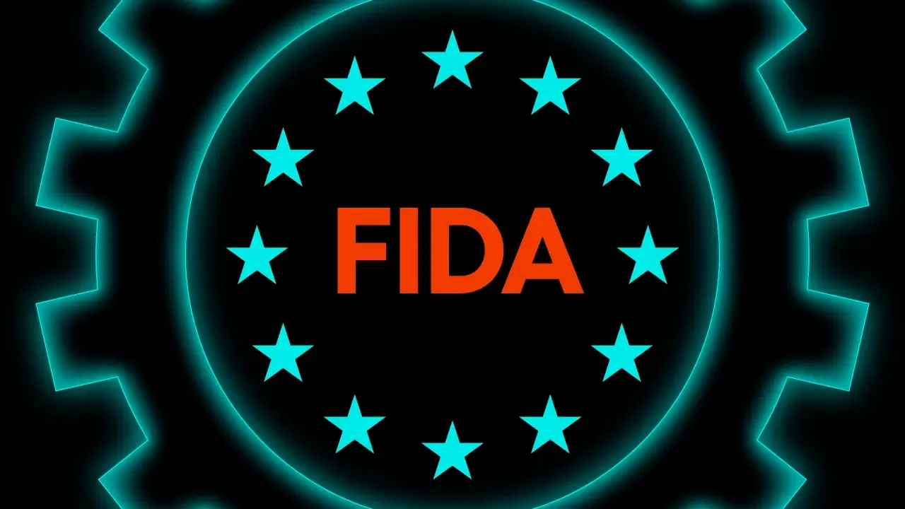 Stylised gear outline glowing teal, with an EU ring of stars and the word "FIDA" in orange at the centre.