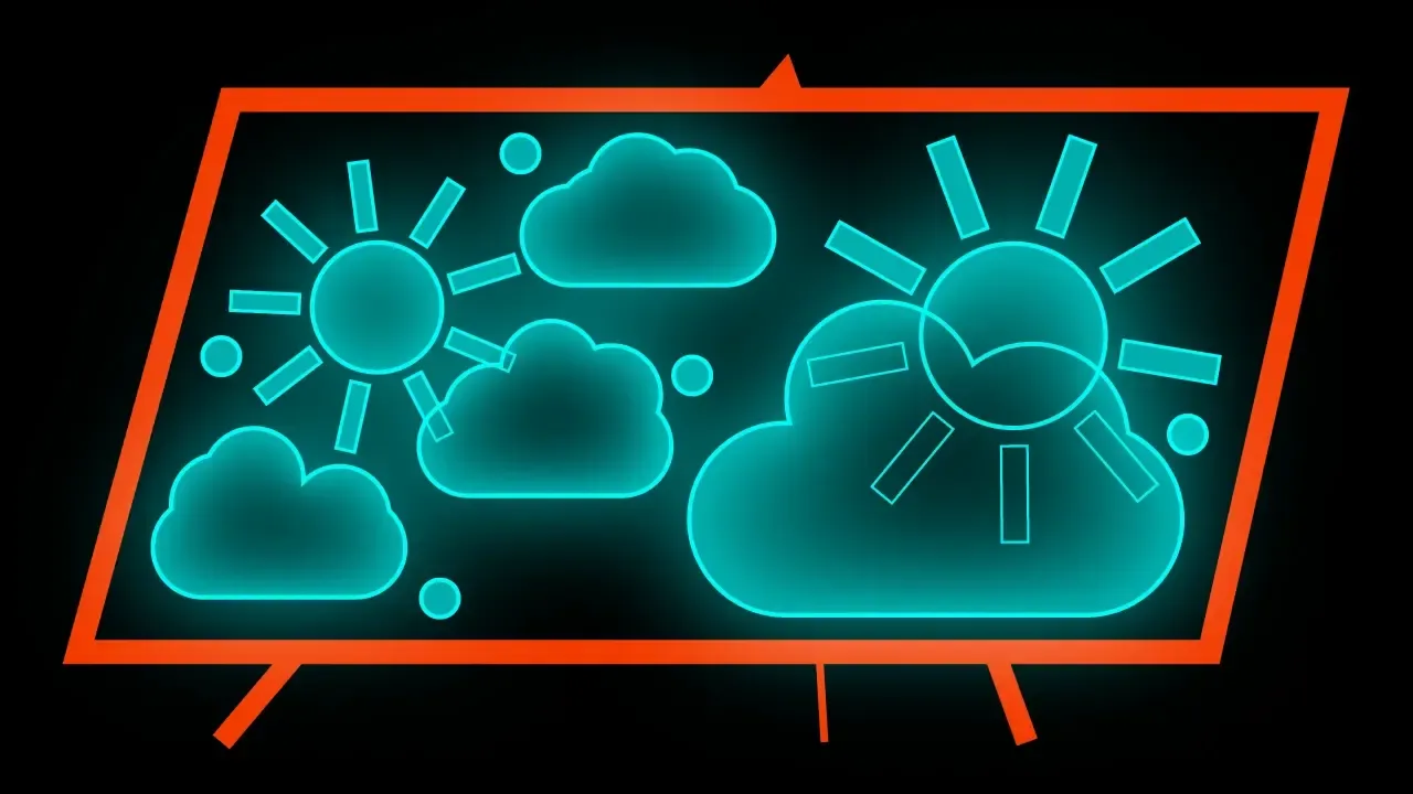 Illustration of a television outline with glowing sun and cloud icons in orange and teal on a black background.