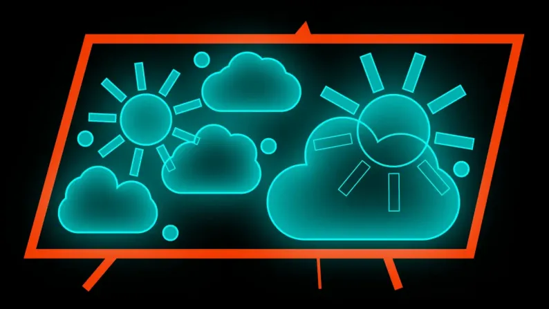 Illustration of a television outline with glowing sun and cloud icons in orange and teal on a black background.