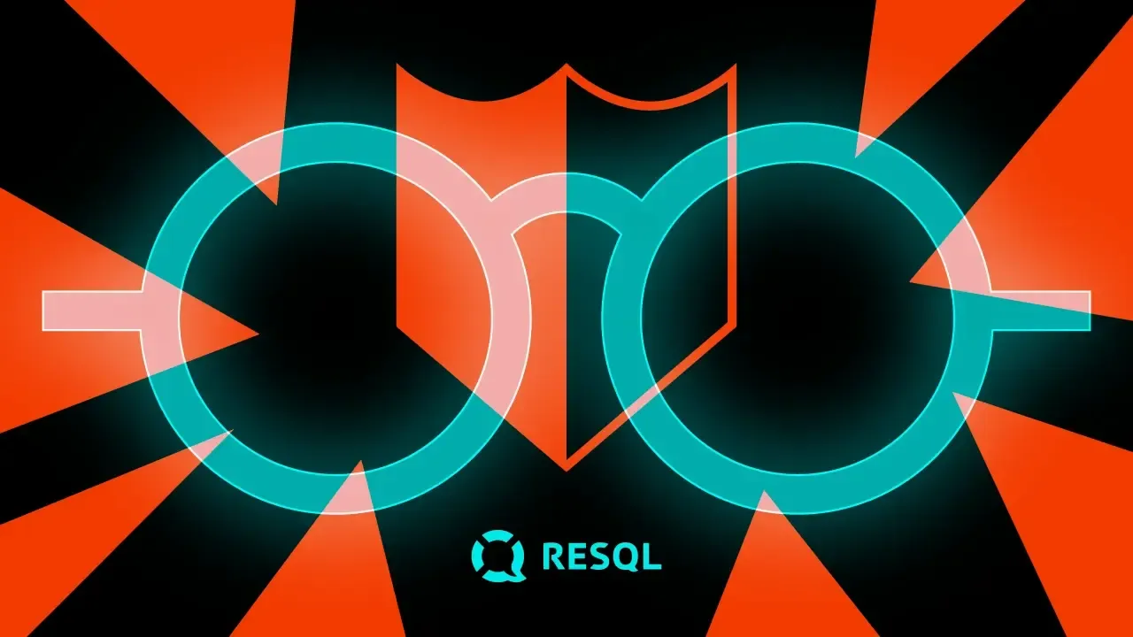 Illustration of two interlocking circles forming a shield emblem above the "RESQL" logo, in teal and orange on black.