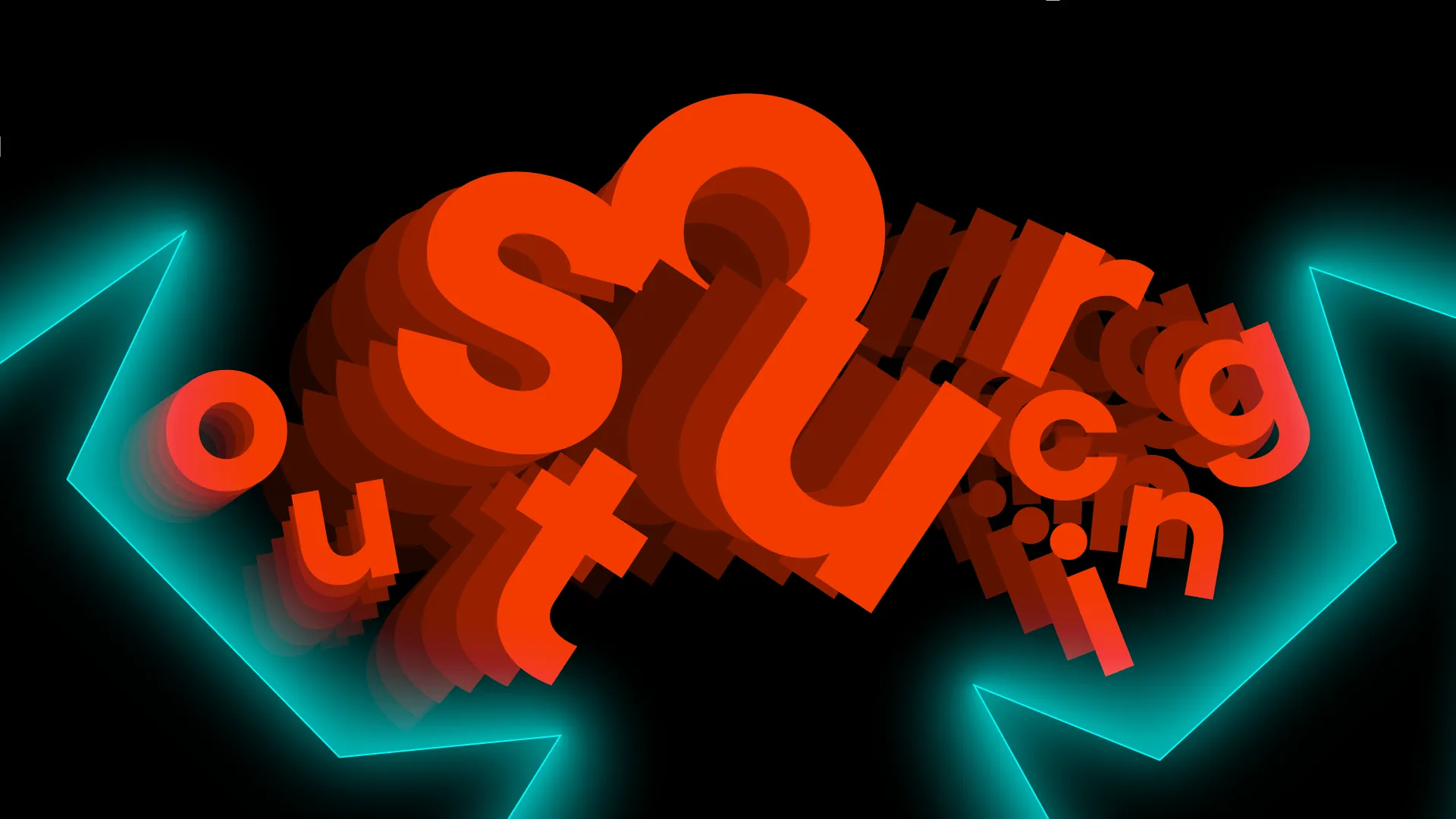 Illustration of the word "outsourcing" in layered 3D orange letters, flanked by glowing cyan arrows pointing inward.