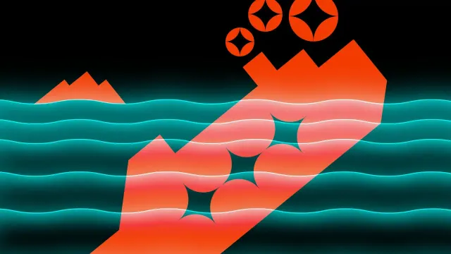 A stylised iceberg shaped like a rising growth chart emerges from the waves, topped with AI sparkle icons.