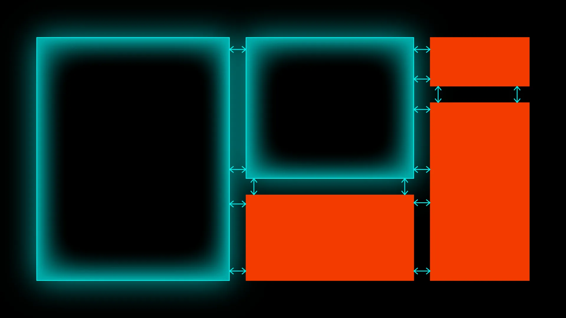 Diagram with double-headed arrows measuring the dimensions of two outlined boxes and two orange bars.