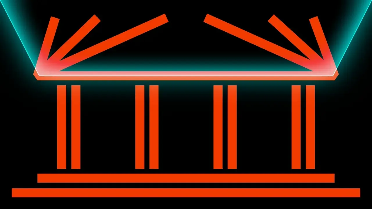 Orange bank building with columns under a glowing roof struck by two arrows, symbolizing data flowing into open banking.