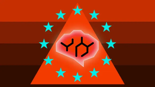 A warning triangle ringed by the stars of the European Union contains an outline of a brain filled with a molecular pattern.