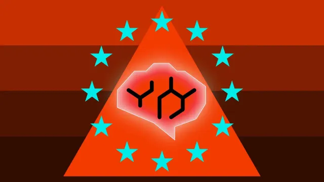 A warning triangle ringed by the stars of the European Union contains an outline of a brain filled with a molecular pattern.