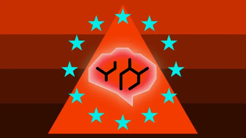 A warning triangle ringed by the stars of the European Union contains an outline of a brain filled with a molecular pattern.