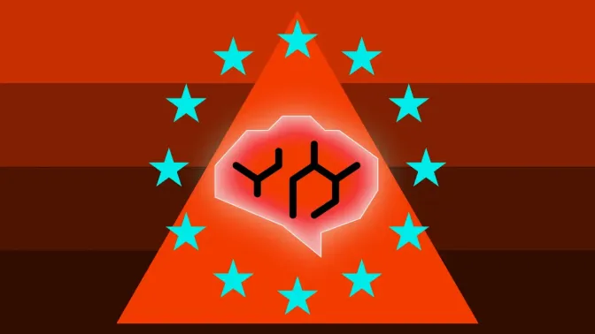 A warning triangle ringed by the stars of the European Union contains an outline of a brain filled with a molecular pattern.