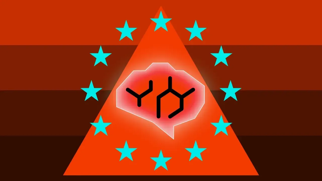A warning triangle ringed by the stars of the European Union contains an outline of a brain filled with a molecular pattern.