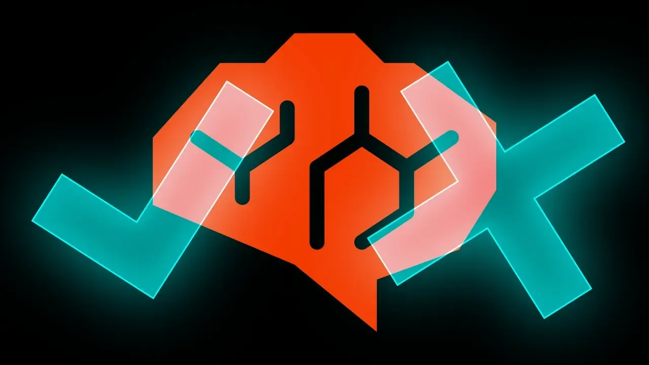 A brain outline containing a molecule pattern, flanked by check and cross symbols, illustrating AI model quality assessment.