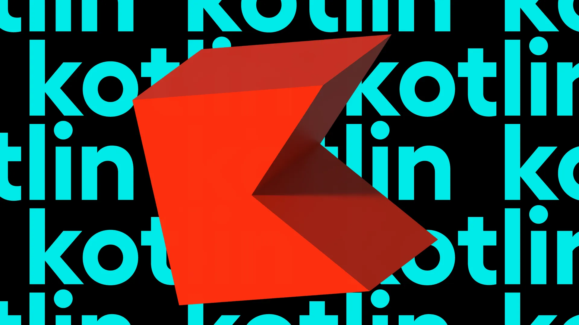 The Kotlin logo in red, over a repeated teal "kotlin" background pattern.