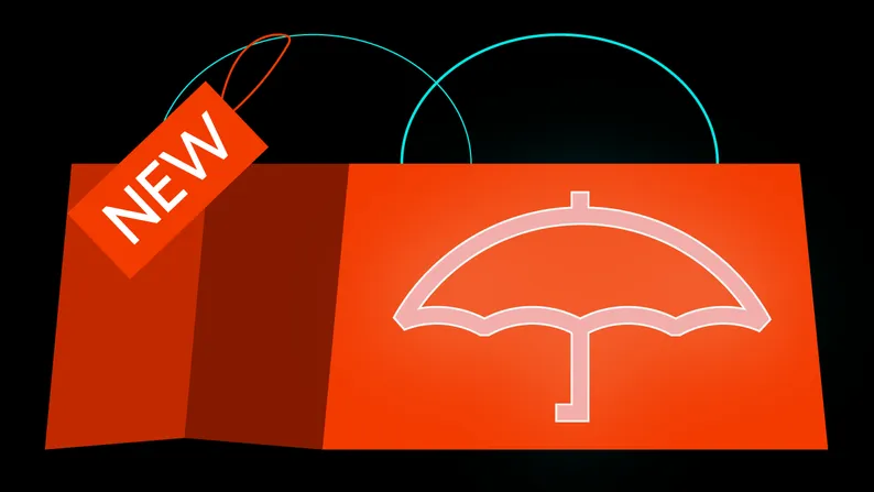 Umbrella icon and a "NEW" tag over two overlapping circles, symbolising new insurance products.