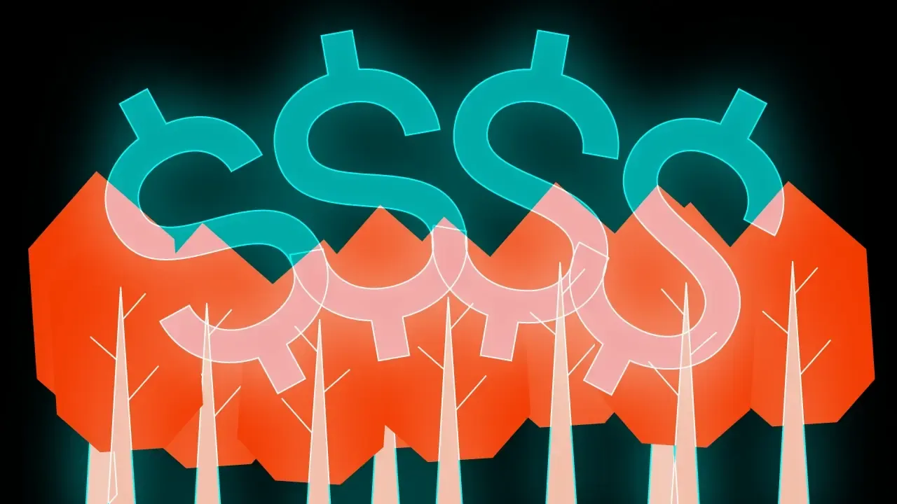 Teal dollar signs rising behind an orange mountain and forest silhouette, representing green banking.