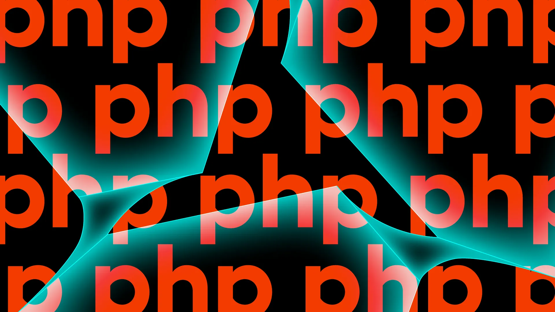 Powtórzony napis "php" na tle turkusowych kątów geometrycznych.