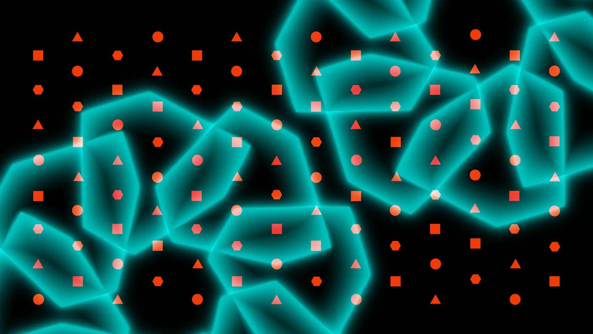 Drobne pomarańczowe kształty geometryczne rozsiane na tle świecących turkusowych brył.