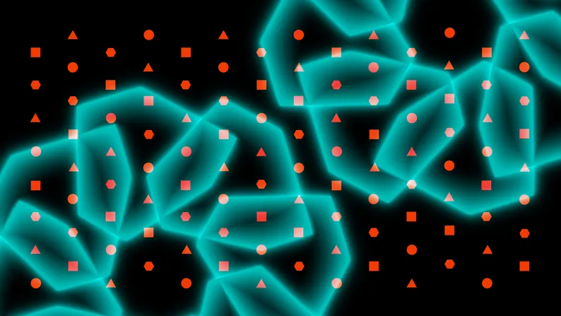 Drobne pomarańczowe kształty geometryczne rozsiane na tle świecących turkusowych brył.