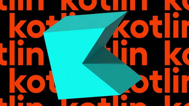 The Kotlin logo in teal, over a repeated orange "kotlin" background pattern.