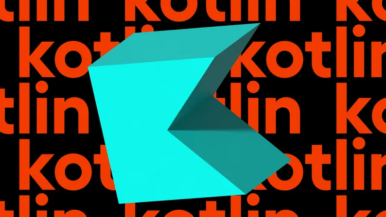 The Kotlin logo in teal, over a repeated orange "kotlin" background pattern.