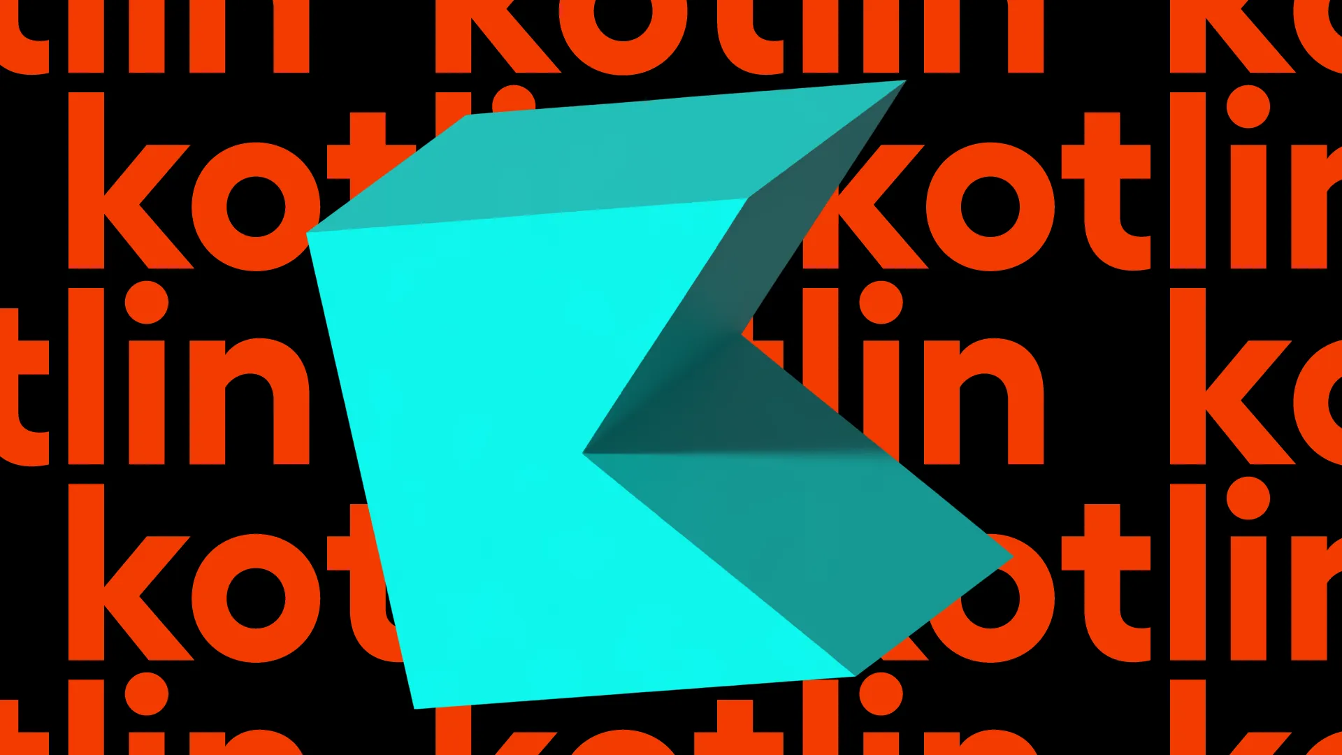 The Kotlin logo in teal, over a repeated orange "kotlin" background pattern.
