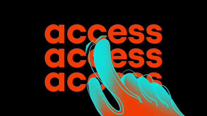 A hand reaching toward the word "access" repeated three times, illustrating web accessibility.