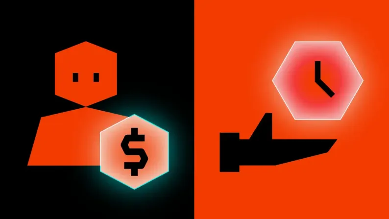 Split graphic: a person icon with a dollar badge on black, and a clock icon above a hand on orange.
