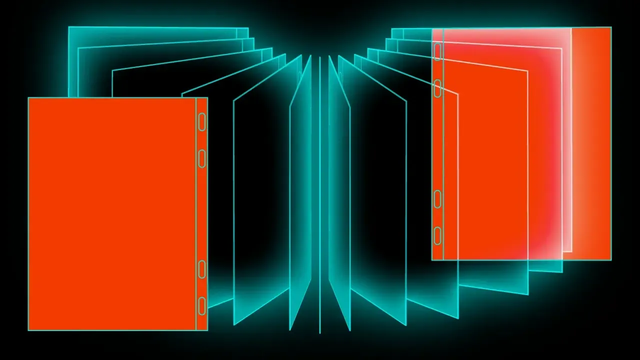 Open binder with orange covers and glowing teal pages, representing regulatory documentation.