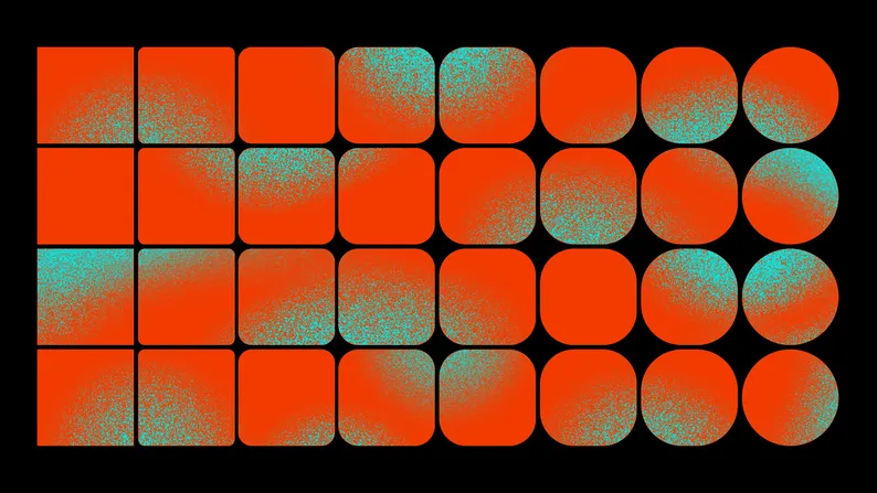 Grid of rounded squares and circles with an orange and teal grainy gradient.
